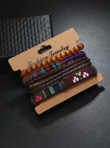 4入組波西米亞風格彩色繩子和皮革編織女士手鍊 - 棕色 - 查看 2