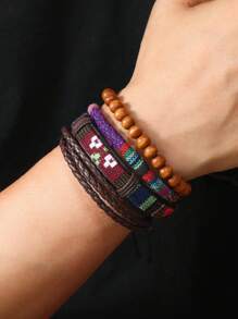 4入組波西米亞風格彩色繩子和皮革編織女士手鍊 - 棕色 - 查看 7