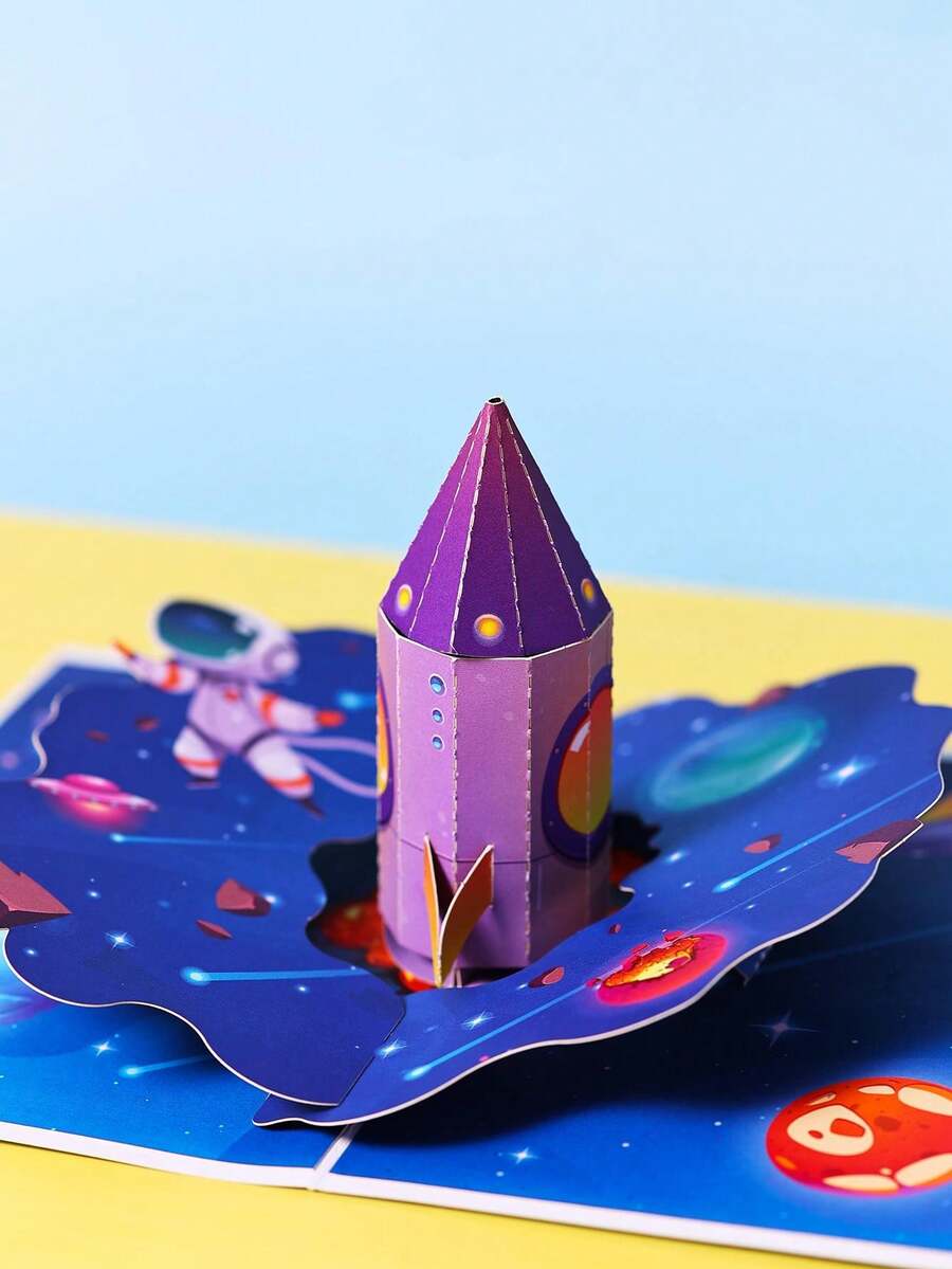 1pc Rocket Pop Up Greeting Card With Envelope, Birthday Greeting Card, Space Adventure Theme Greeting Card, Birthday Card For Kids, Rocket Pattern Greeting Card - Multicolor - View 1