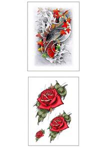 2pcs Colorful Koi Fish, Pisces, Flower Design Waterproof Temporary Half Permanent Tattoo Stickers For Men And Women - Multicolor - View 4