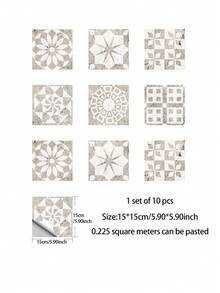 1set/10pcs Self-adhesive Removable Pvc Kitchen Stickers, Vintage Geometric Pattern Square Waterproof Wall Decals Suitable For Home Decoration - Multicolor - View 5