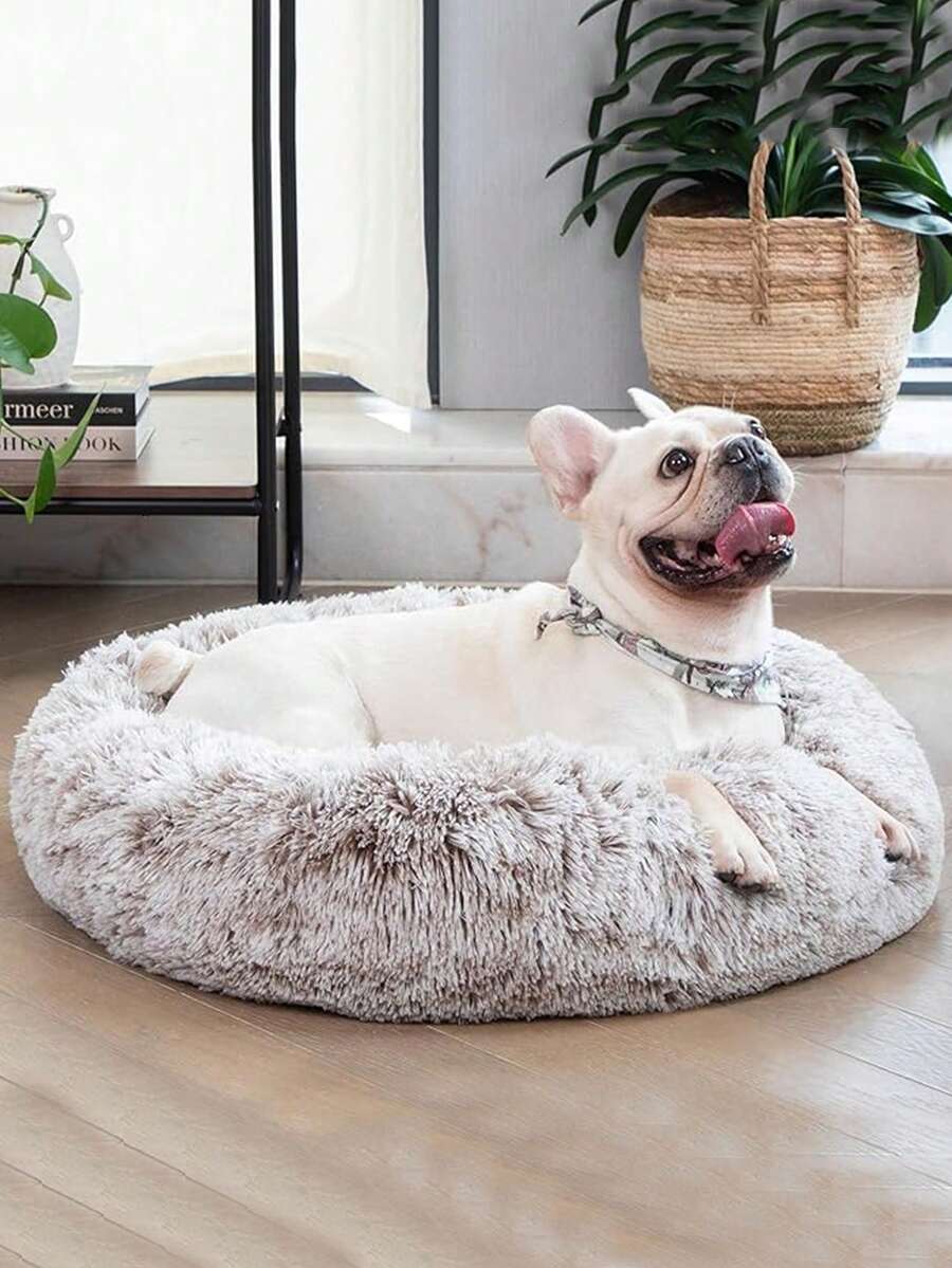 1 件渐变咖啡色毛绒不可拆卸圆形宠物床，带保暖内衬，适合冬季中小型猫狗 - 咖啡棕 - 查看 1