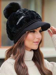 1 件女士时尚蓬松绒球无檐便帽，保暖户外涤纶帽，秋冬款，欧美风格 - 黑色 - 查看 6