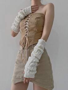 1對女式時尚白色凸花針織防寒套臂袖套搭配黑色針織手套,y2k風格,適用於日常/約會/家居/時尚