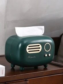 1 Pieza Caja De Pañuelos De Plástico Con Forma De Radio Retro, Contenedor De Almacenamiento Multifuncional Con Diseño De Amplia Apertura Y Base Antideslizante Para La Sala De Estar, Dormitorio, Restaurante, Cocina, Oficina, Hotel O Casa De Huéspedes - Verde Oscuro - Ver 3