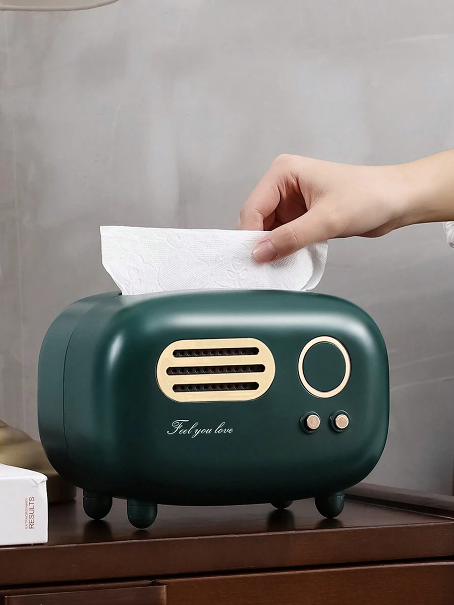 1 Pieza Caja De Pañuelos De Plástico Con Forma De Radio Retro, Contenedor De Almacenamiento Multifuncional Con Diseño De Amplia Apertura Y Base Antideslizante Para La Sala De Estar, Dormitorio, Restaurante, Cocina, Oficina, Hotel O Casa De Huéspedes - Verde Oscuro - Ver 1