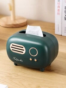 1 Pieza Caja De Pañuelos De Plástico Con Forma De Radio Retro, Contenedor De Almacenamiento Multifuncional Con Diseño De Amplia Apertura Y Base Antideslizante Para La Sala De Estar, Dormitorio, Restaurante, Cocina, Oficina, Hotel O Casa De Huéspedes - Verde Oscuro - Ver 2
