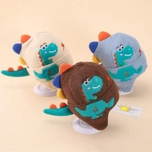 Trẻ em Mùa Đông Dệt kim ấm Mũ Với Bịt tai , Khủng long Thiết kế Hoạt hình , Chống gió Che phủ - Màu xanh hải quân - Xem 3