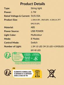 1 件 10/20/30/40LED 1.5/3/4.5/6M USB 8 种模式雪花圣诞室内装饰灯，悬挂装饰仙女灯串，适用于节日、房间装饰圣诞装饰圣诞灯卧室装饰家居装饰派对装饰节日圣诞礼物感恩节圣诞树装饰饰品 - 白色 - 查看 11