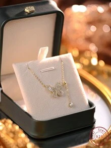 1 hộp quà tặng thời trang cao cấp được đóng gói đơn giản và tinh tế với thiết kế hình bướm, dây chuyền Cubic Zirconia, thích hợp cho lễ hội, đám cưới, tiệc tùng, quà tặng cho cặp đôi, bạn gái, kỷ niệm; được làm bằng bạc Sterling và Cubic Zirconia để có chất lượng cao cấp và thanh lịch - Vàng - Xem 1