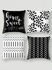 4pcs Geometric Arrow, Heart, Leaf Print Pillowcase, Black