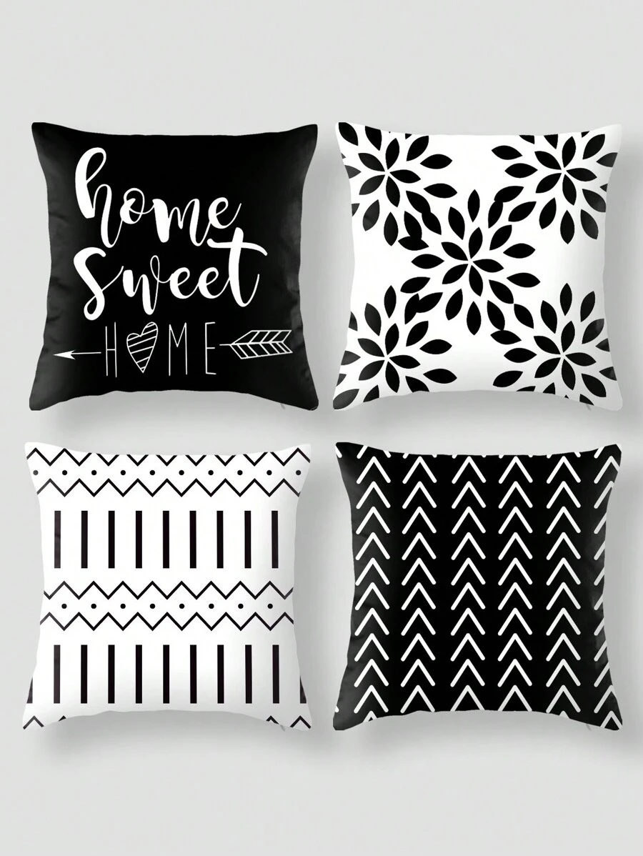4pcs Geometric Arrow, Heart, Leaf Print Pillowcase, Black