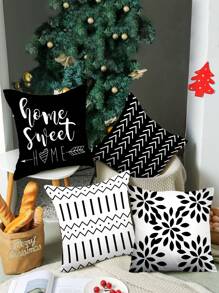 4pcs Geometric Arrow, Heart, Leaf Print Pillowcase, Black