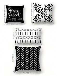 4pcs Geometric Arrow, Heart, Leaf Print Pillowcase, Black