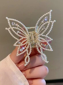 1 pieza Pinza para el cabello de tono dorado para mujer con diseño de mariposa y garra para uso diario, decorada con perlas y strass - Dorado - Ver 1