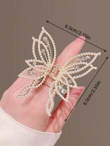 1 pieza Pinza para el cabello de tono dorado para mujer con diseño de mariposa y garra para uso diario, decorada con perlas y strass - Dorado - Ver 3