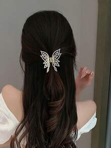 1 pieza Pinza para el cabello de tono dorado para mujer con diseño de mariposa y garra para uso diario, decorada con perlas y strass - Dorado - Ver 2