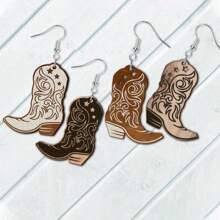 2 Paia/set Orecchini in legno con stivaletti da cowboy selvaggi dell"ovest vintage - Perfetti per feste vacanziere e uso quotidiano