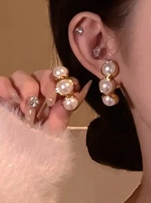 2 cái/cặp Retro Phong cách Trân châu Hoa tai , Mặc Một Hoa tai In Mỗi Tai - Vàng - Xem 1