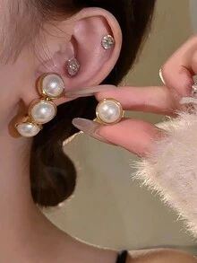 2 cái/cặp Retro Phong cách Trân châu Hoa tai , Mặc Một Hoa tai In Mỗi Tai - Vàng - Xem 2