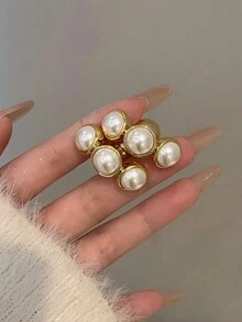 2 cái/cặp Retro Phong cách Trân châu Hoa tai , Mặc Một Hoa tai In Mỗi Tai - Vàng - Xem 5