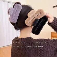 1 件装毛绒女士发夹，适合秋冬季优雅、简洁、大尺寸，适合派对、日常和通勤装 - 駝色 - 查看 2