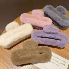 1 件装毛绒女士发夹，适合秋冬季优雅、简洁、大尺寸，适合派对、日常和通勤装 - 駝色 - 查看 6