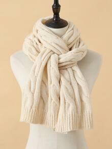 1條女士時尚純色紋理針織圍巾,保暖而厚實,多功能,適合秋冬戶外活動和日常使用 - 米色 - 查看 3