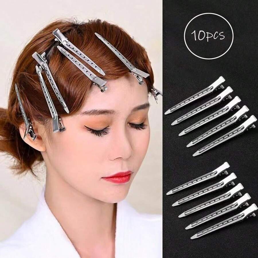 10 件合金新年节日无痕发夹，固定刘海，梳理头发，鳄鱼发夹，适合化妆师、理发师、家庭使用 - 銀色 - 查看 1