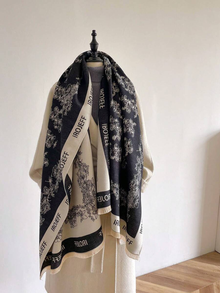 1 件女用黑色冬季植物印花人造羊絨提花保暖圍巾披肩適合日常穿著 - 黑色 - 查看 1