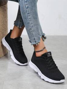 女裝織品運動鞋前繫帶網狀飾邊戶外跑步鞋健身鞋 - 黑色 - 查看 3