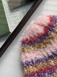 1 chiếc mũ len dệt kim sọc nhiều màu và sợi bạc có tua rua dành cho nữ, dày và ấm áp vào mùa đông - Hồng - Xem 4