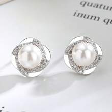 1 對圓形珍珠耳釘,精緻的設計師珠寶,適合女性日常約會 - 白色 - 查看 1