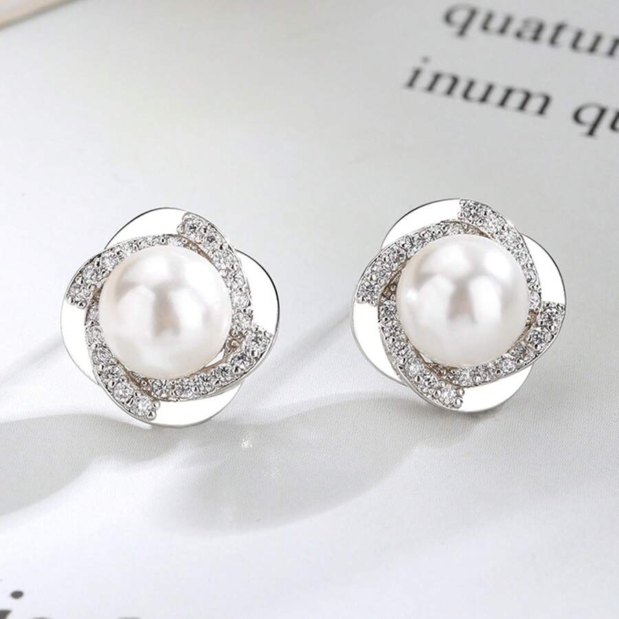 1 對圓形珍珠耳釘,精緻的設計師珠寶,適合女性日常約會 - 白色 - 查看 1