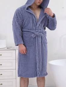 Blue Striped Men's Bathrobe With Tie Waist - Royal Blue - View 7
