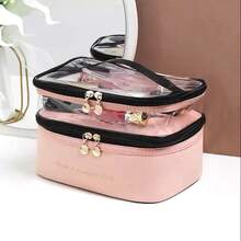 1入組雙層化妝箱,大容量配手柄,濕乾分離pu皮革時尚透明化妝包,適用於女性旅行 - 粉色 - 查看 9