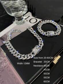 kuuioe 1pc European-American Hiphop Style Full Diamond Encrusted Chain Necklace/Hand Bracelet, 20-60CM - Silver - View 3