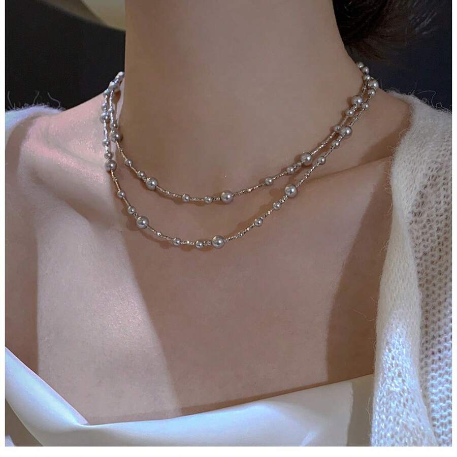 PHNIBIRD 女性灰色石家珍珠項鍊,優雅鎖骨鏈,適用於層次風格和奢華造型 - 白色 - 查看 1