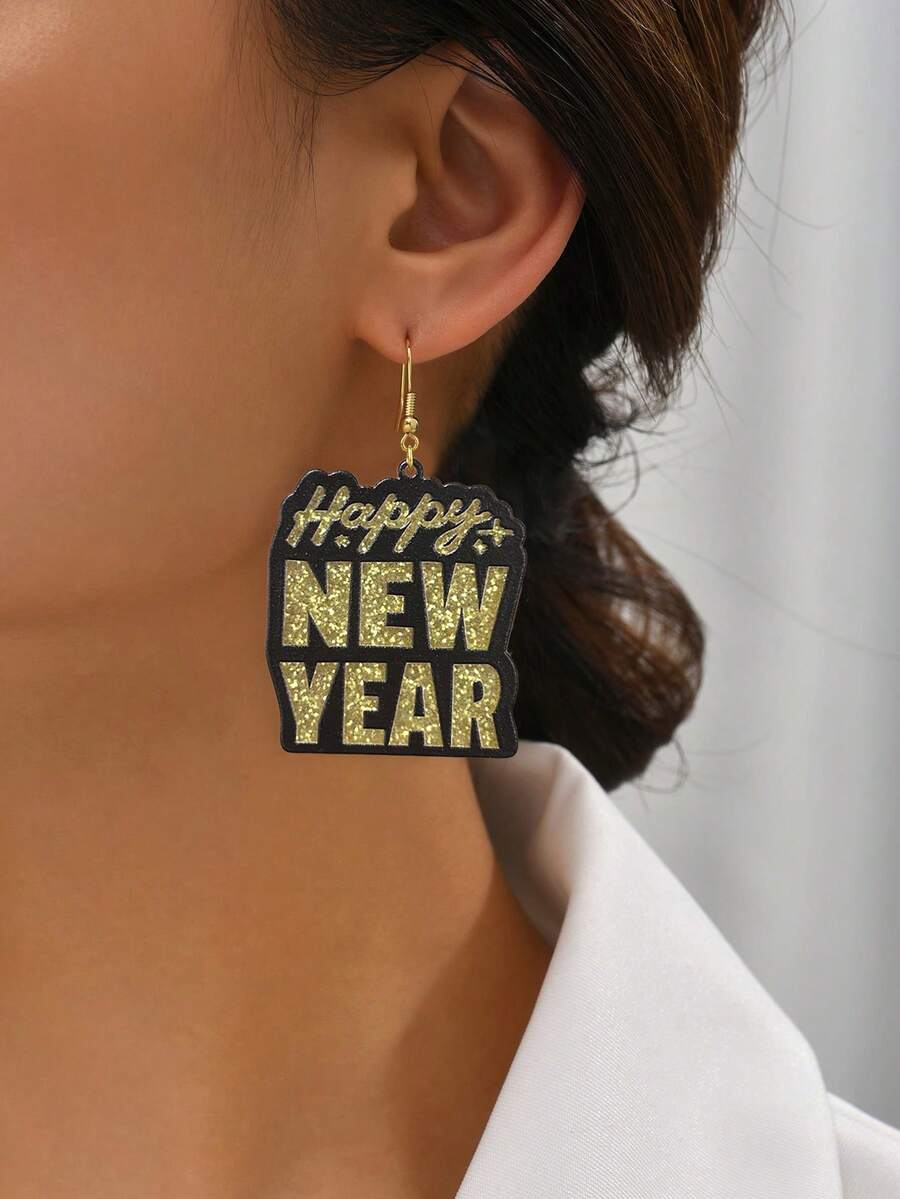 1對亞克力甜葡萄酒新年耳環,附黑卡&閃爍happy New Year印花紙板,適用於哥德舞派對、跨年晚會、聖誕節及送禮給好友 - 彩色 - 查看 1