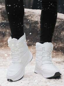 女士冬季雪地靴白色厚保暖防水戶外鞋防滑黑色滑雪靴 - 白色 - 查看 3