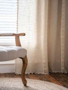 Hollow Out & Patchwork & Tassel Designed Linen Bamboo Joint Dots Window Curtain - Bamboo pitted hollow cotton thread splicing - View 2