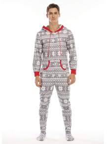 Men's Printed Long Sleeve Jumpsuit Pajamas, Autumn, Grey - Grey - View 2