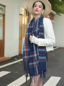 女士韓國時尚基礎萬用围巾,加厚格紋毛絨围巾,帶流蘇,仿羊毛