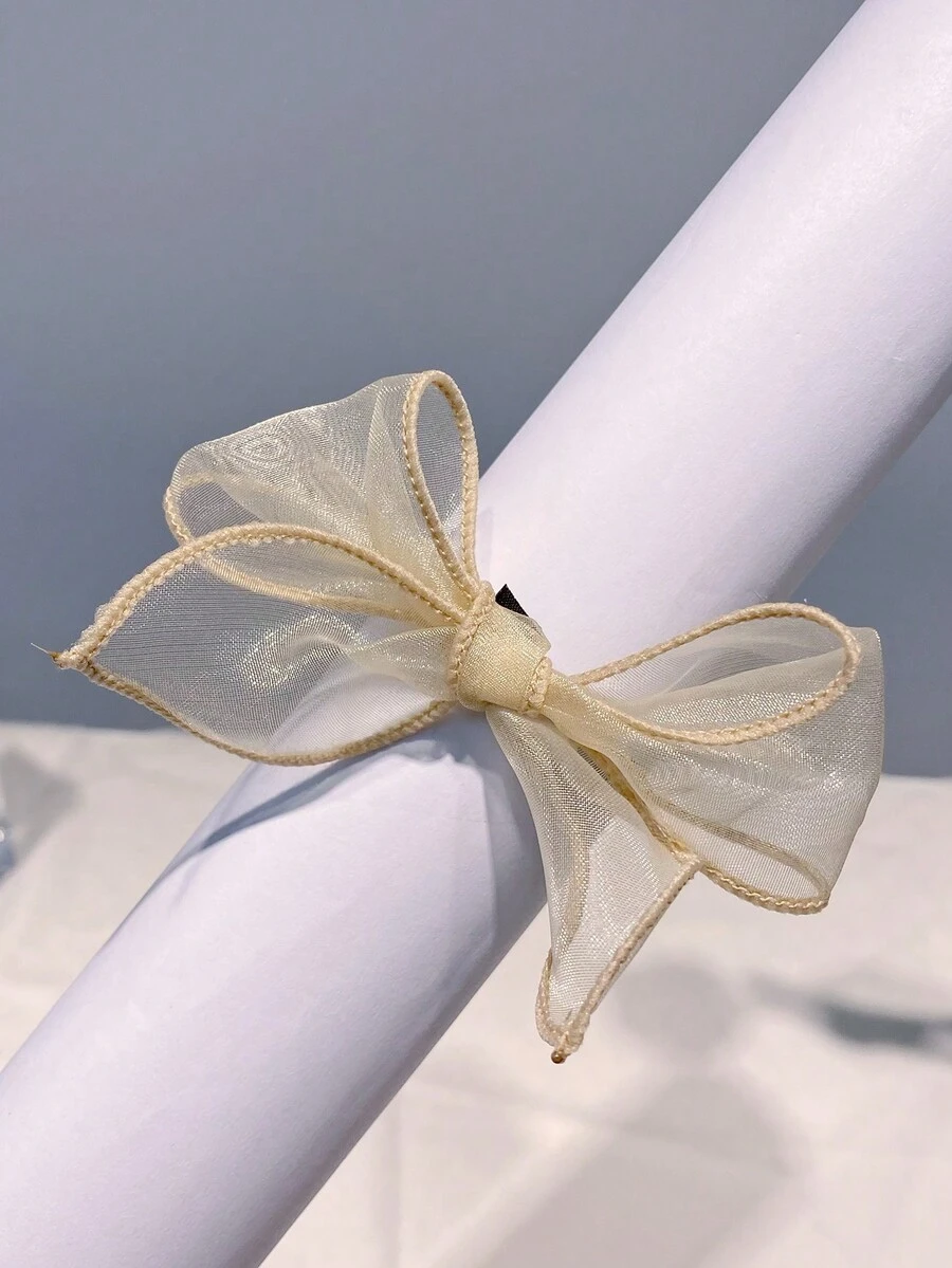 1pc Women's Simple Mesh Bowknot Hair Tie, Suitable For Daily Wear - Khaki - View 1