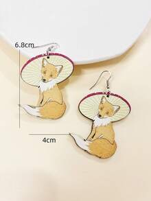 1對木製動物與寵物設計耳環,創意蘑菇、雨傘、狐狸耳吊墜,適用於冬季聚會、節日裝扮、送禮給朋友