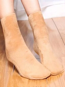 6 双女士雪袜，秋冬袜，纯色，加厚保暖内衬，肤色中筒袜，睡眠袜 - 杏色 - 查看 3