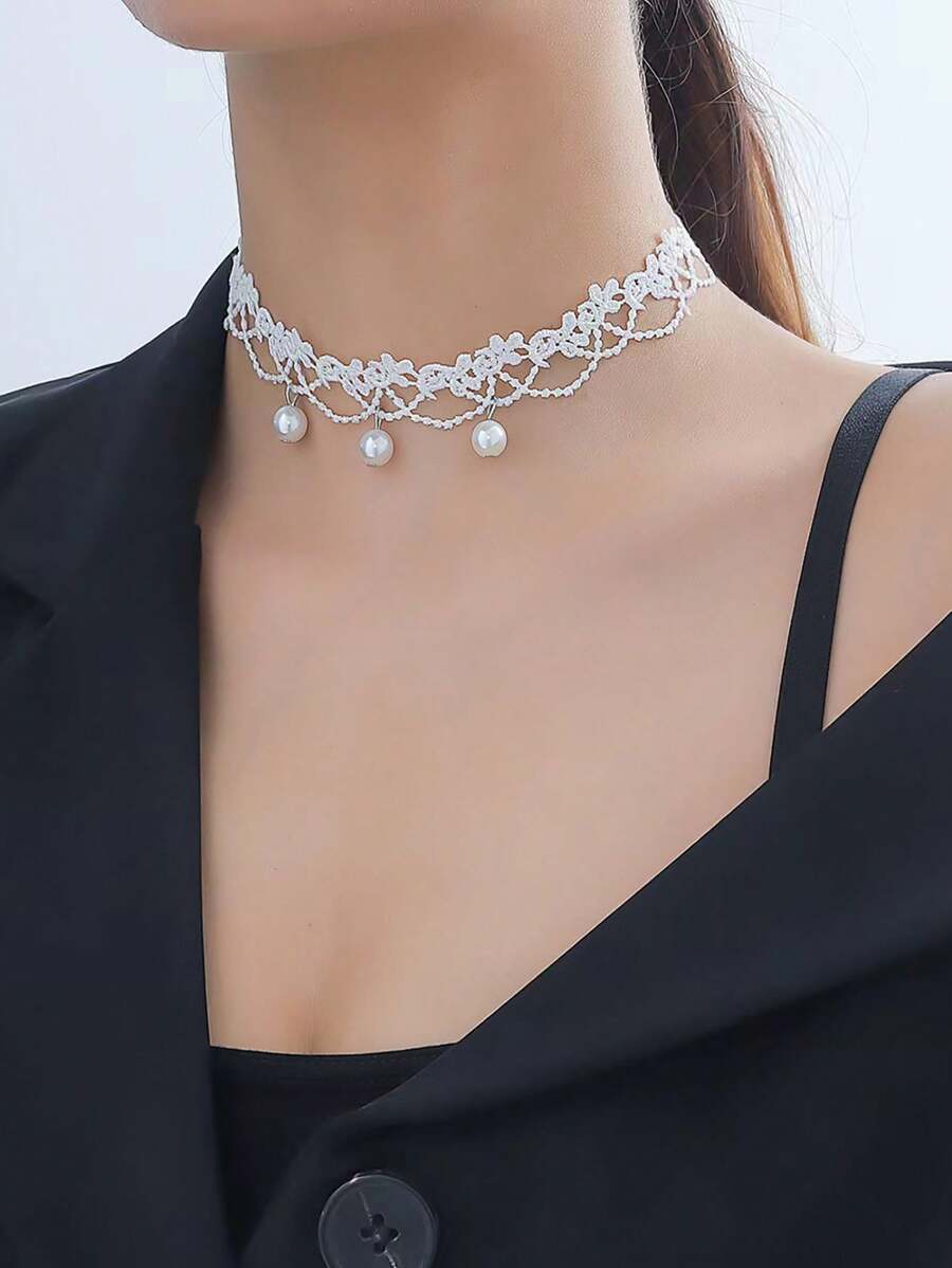 1入組甜美風格假珍珠裝飾配件項鍊，時尚百搭婚禮頸圈