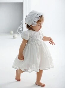 Baby Girl 0-2 Years White Baptism Party Tulle Dress With Hat - White - View 4