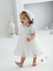 Baby Girl 0-2 Years White Baptism Party Tulle Dress With Hat - White - View 5