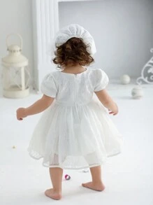 Baby Girl 0-2 Years White Baptism Party Tulle Dress With Hat - White - View 2